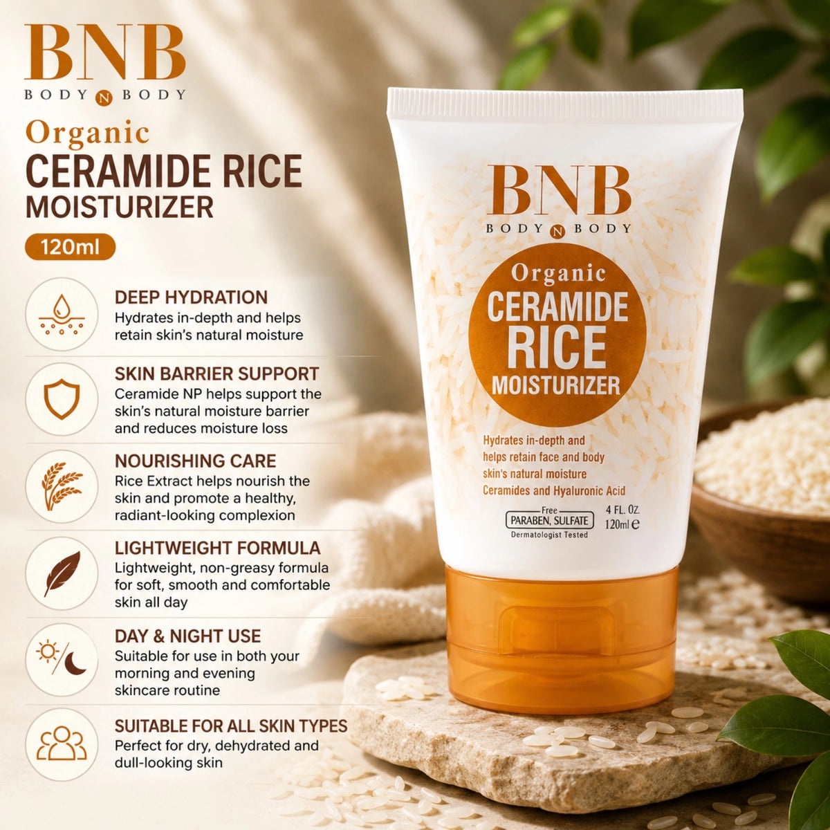 BNB Organic Ceramide Rice Moisturizer 120ml showing hydration, skin barrier support and rice extract benefits