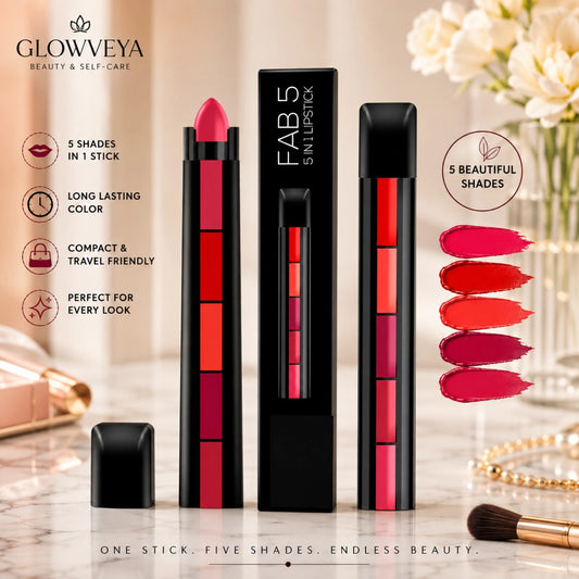 GlowVeya 5 in 1 lipstick showing five shades in one compact lipstick stick