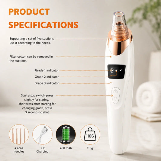 GlowVeya electric blackhead remover vacuum product specifications with five suction levels, USB charging and 400 mAh battery