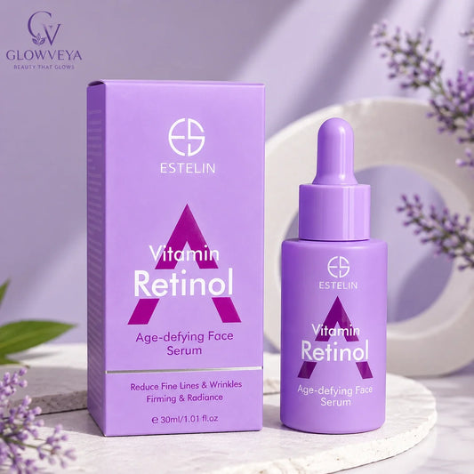 GlowVeya skincare presentation featuring ESTELIN Vitamin Retinol Age-Defying Face Serum 30ml