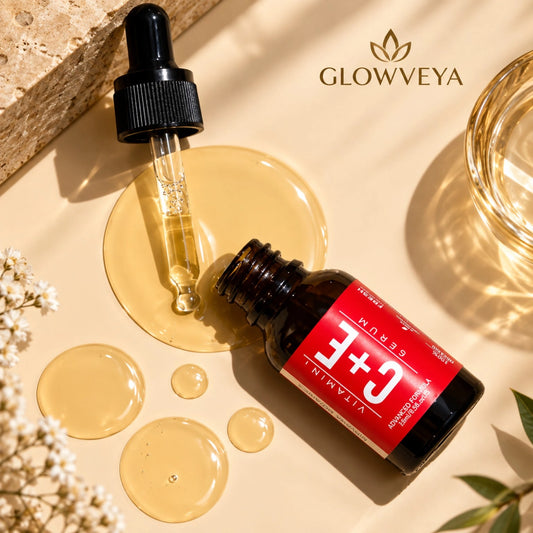 GlowVeya Vitamin C + E serum with dropper and golden serum texture in a luxury skincare product shot