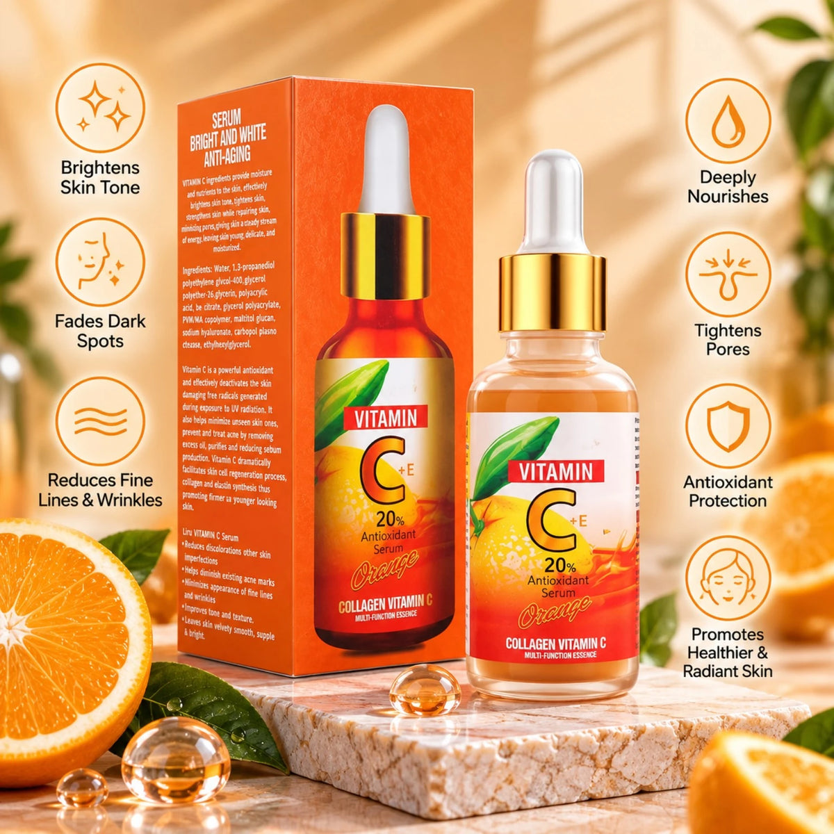 Liru Collagen Vitamin C Serum Orange 30ml benefits for brightening and radiant skin