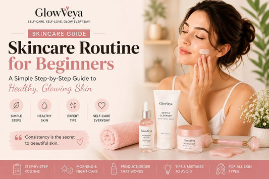 Skincare routine for beginners with GlowVeya beauty products, serum, cleanser, moisturizer and skincare tools