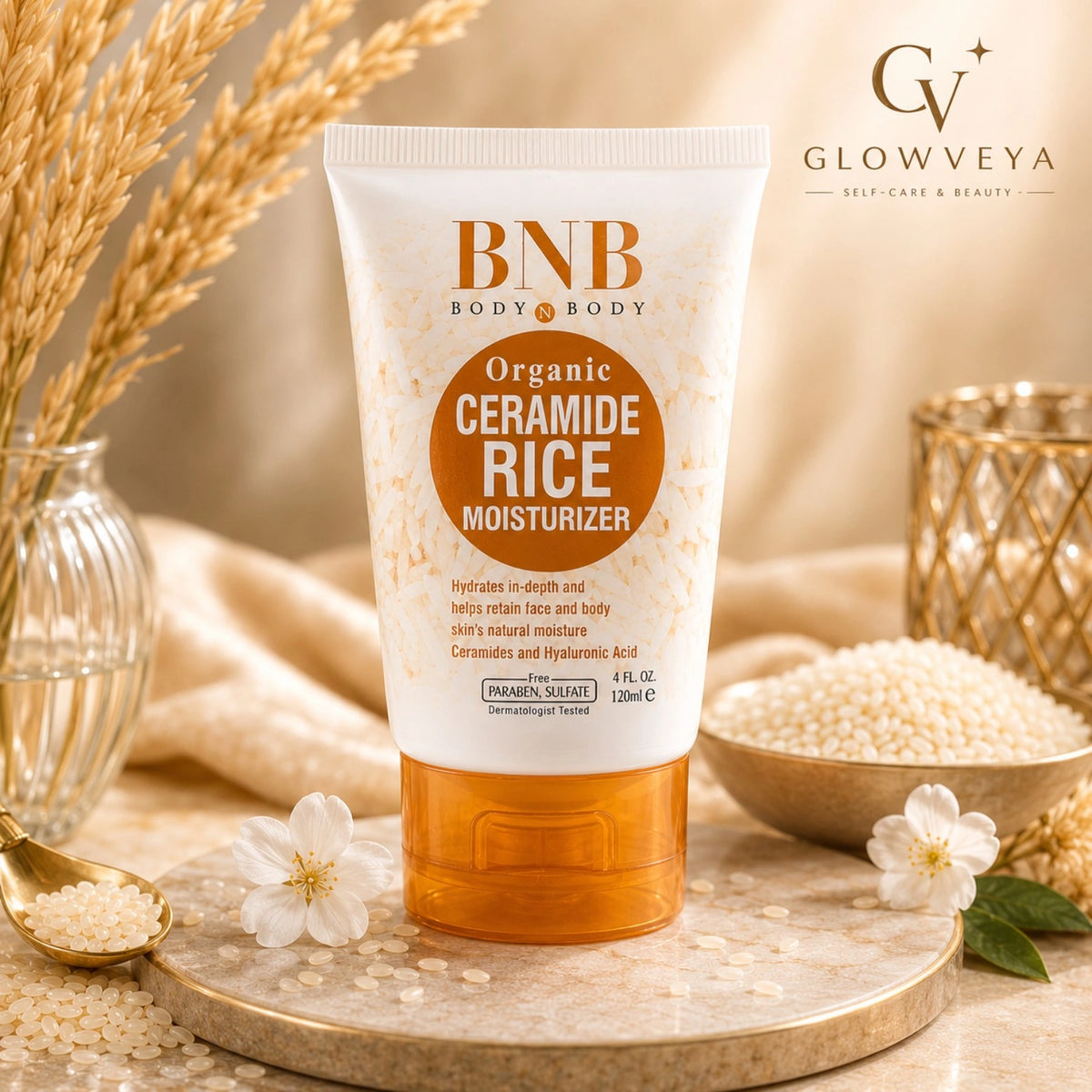 BNB Organic Ceramide Rice Moisturizer 120ml with rice extract and ceramides on a luxury skincare background