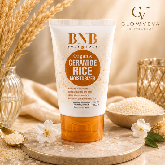 BNB Organic Ceramide Rice Moisturizer 120ml with rice extract and ceramides on a luxury skincare background