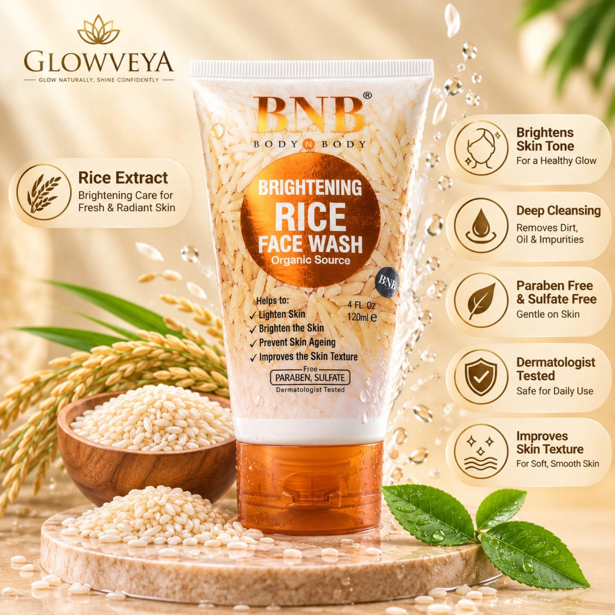 BNB Brightening Rice Face Wash with rice extract and key skincare benefits including brightening, deep cleansing and gentle daily care