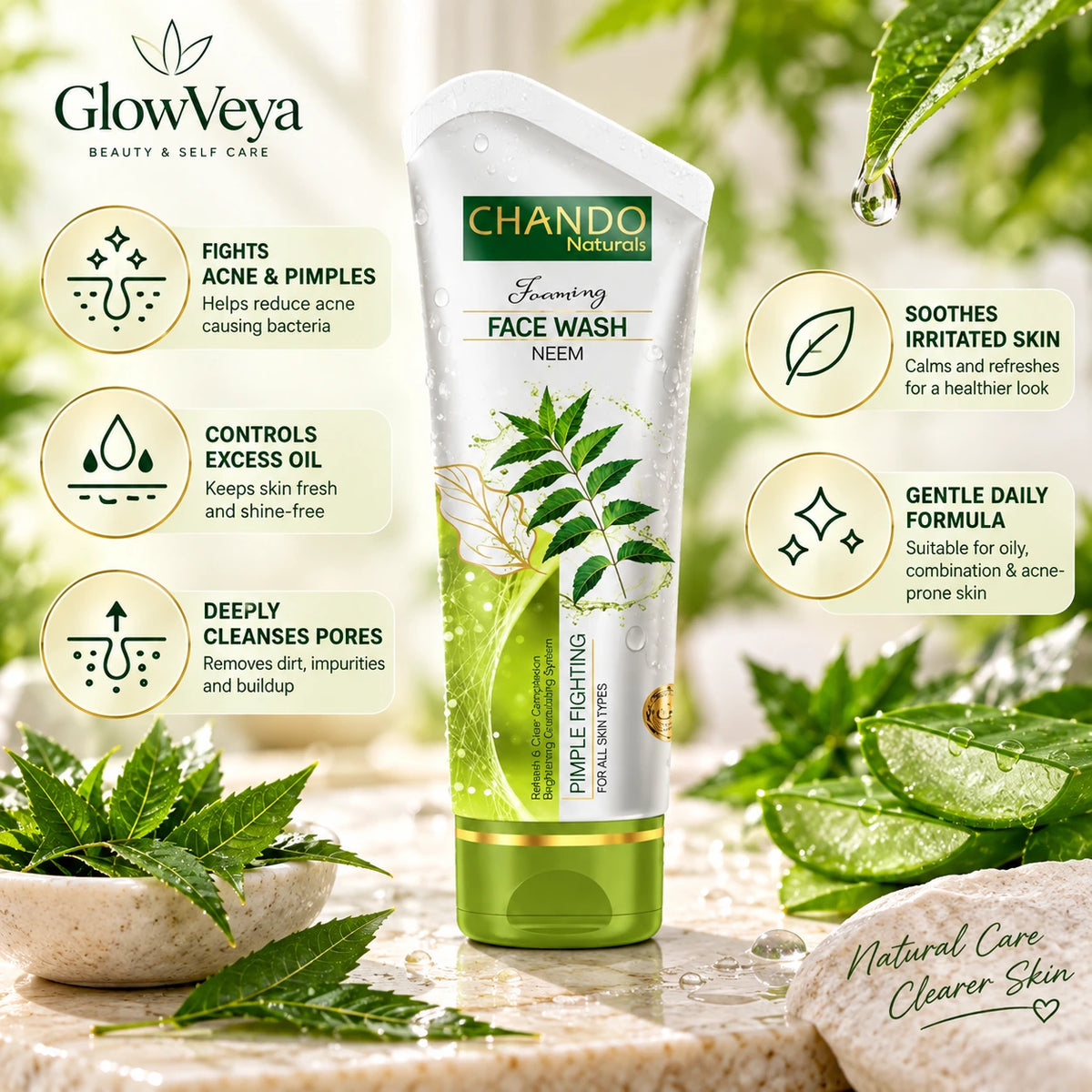 Chando Naturals Neem Foaming Face Wash key benefits for acne-prone and oily skin