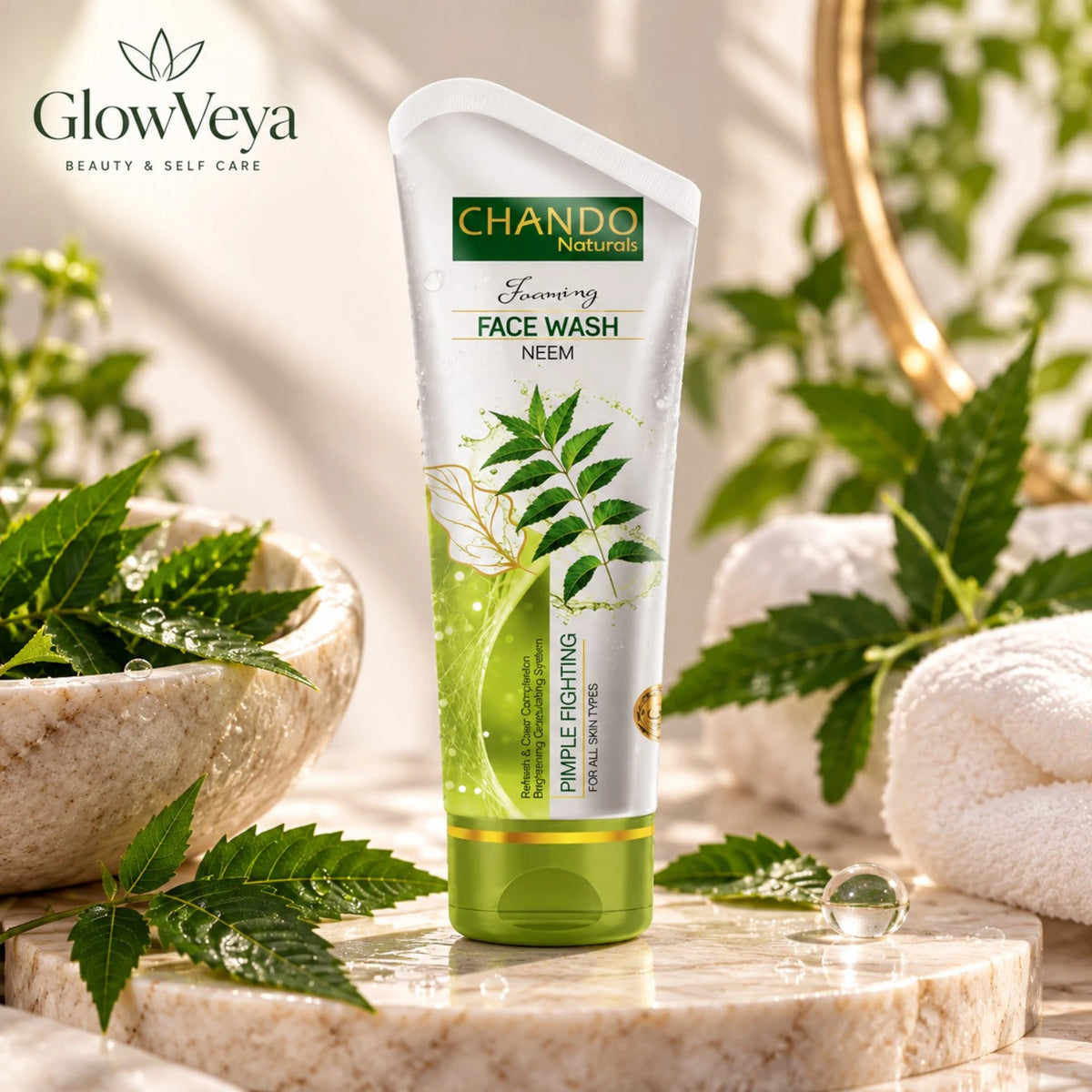 Chando Naturals Neem Pimple Fighting Face Wash 100ml with neem leaves for acne-prone skin