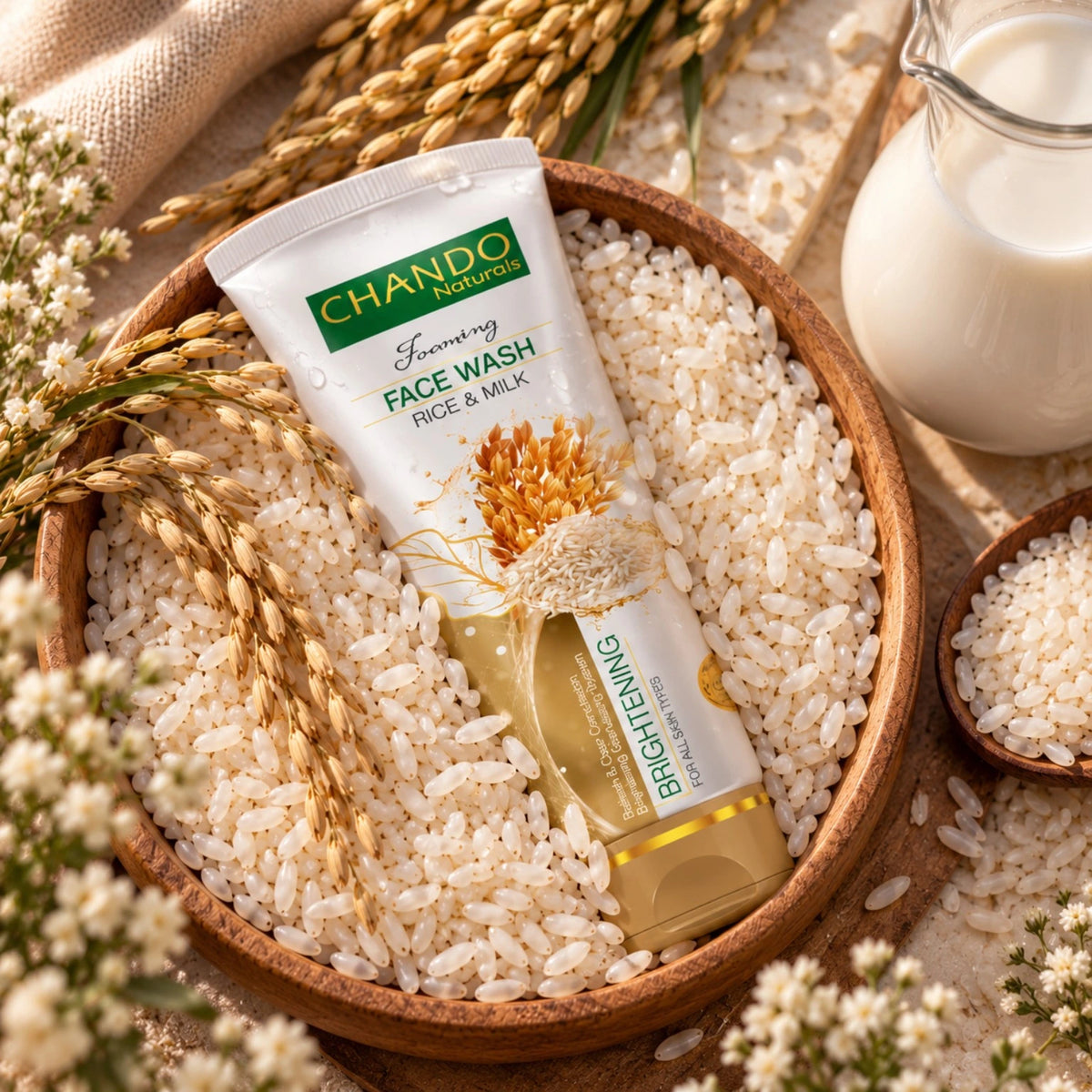 Chando Rice & Milk Brightening Face Wash with rice and milk ingredients for radiant skin