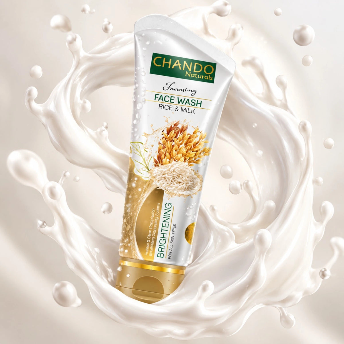 Chando Rice & Milk Brightening Face Wash with milk splash for gentle cleansing and radiant skin