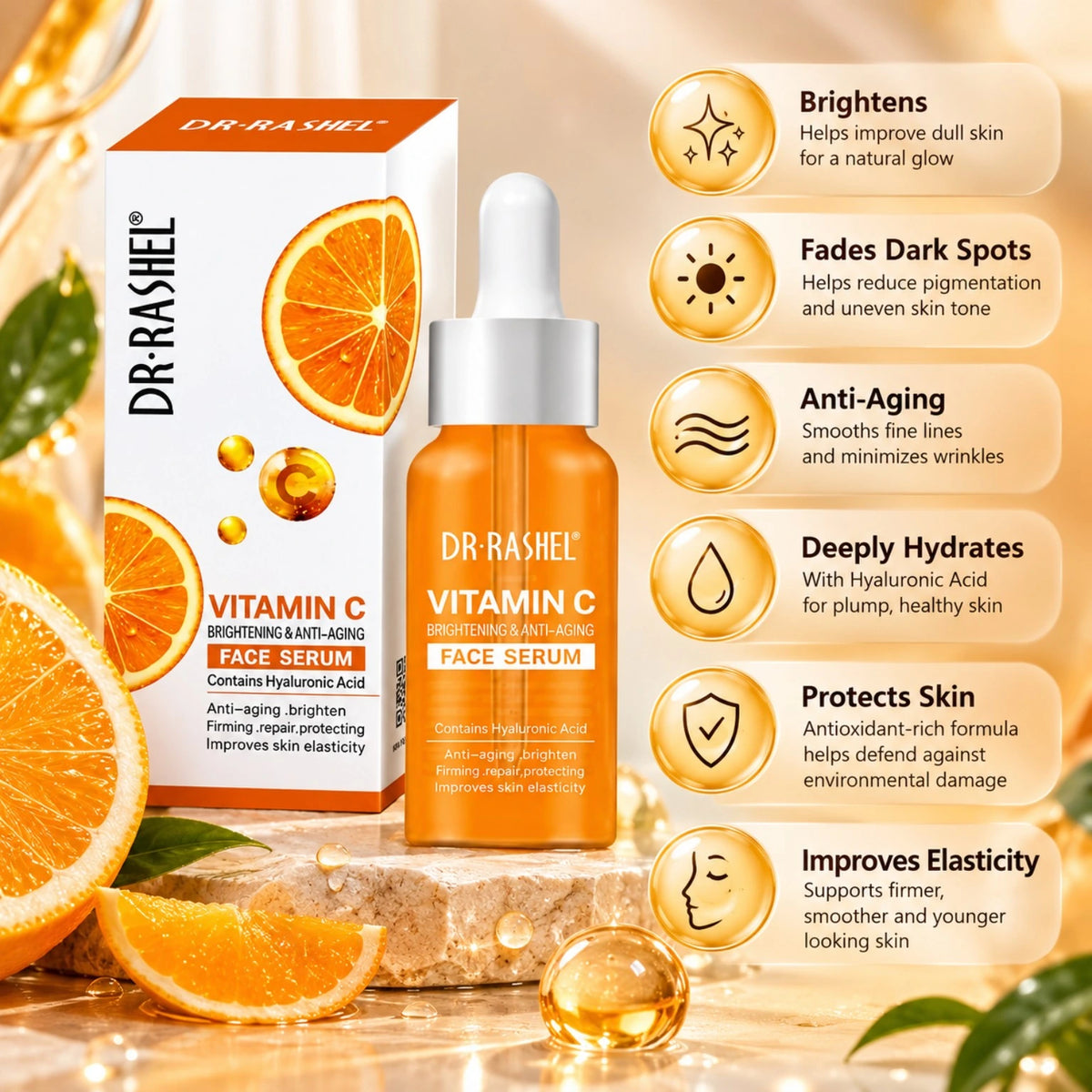 Dr Rashel Vitamin C face serum benefits for brightening, dark spots, hydration and anti-aging