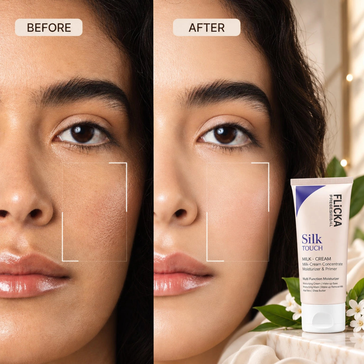 Flicka Silk Touch Milk Cream Moisturizer and Primer before and after skin texture comparison