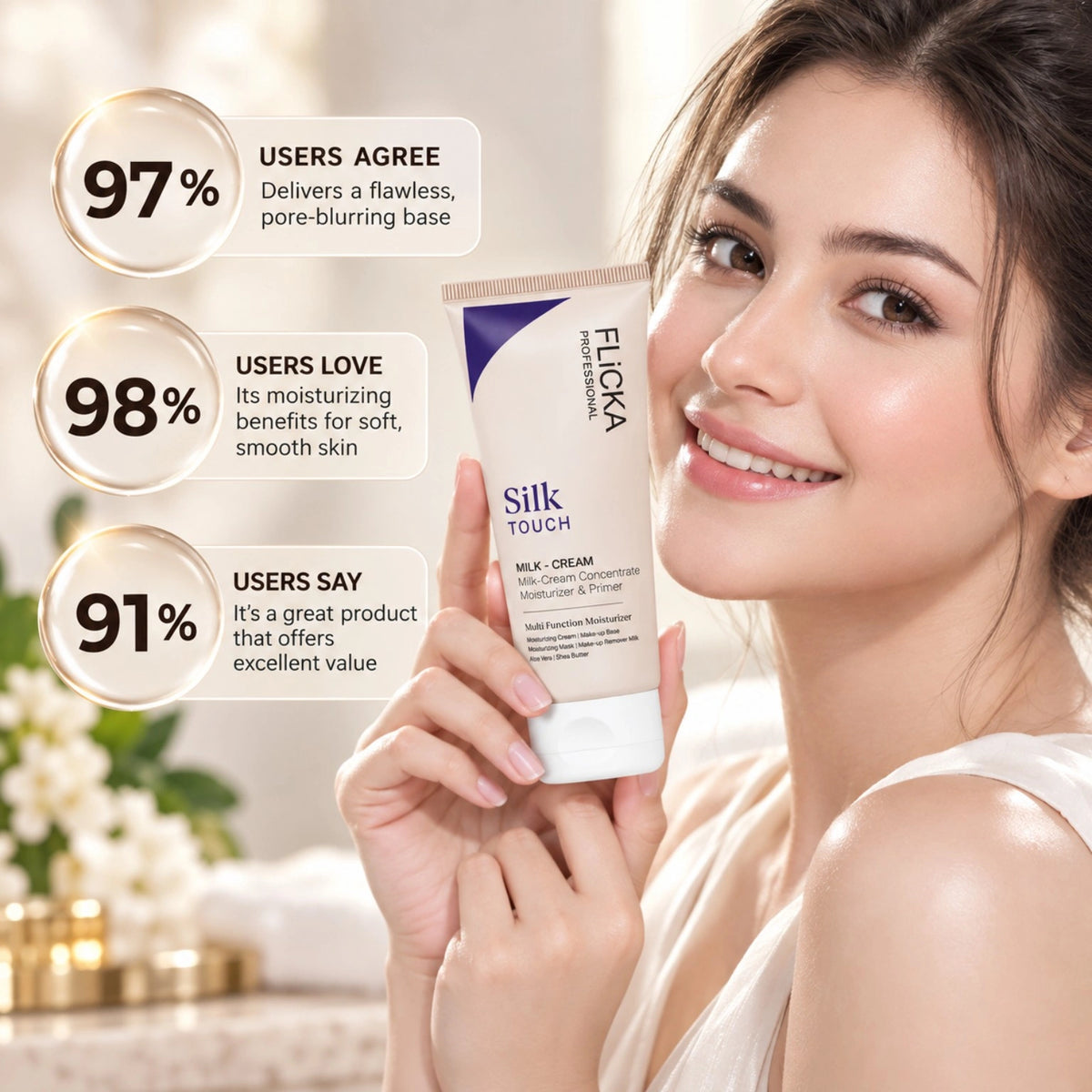 Flicka Silk Touch 3-in-1 moisturizer primer sunscreen held by a model