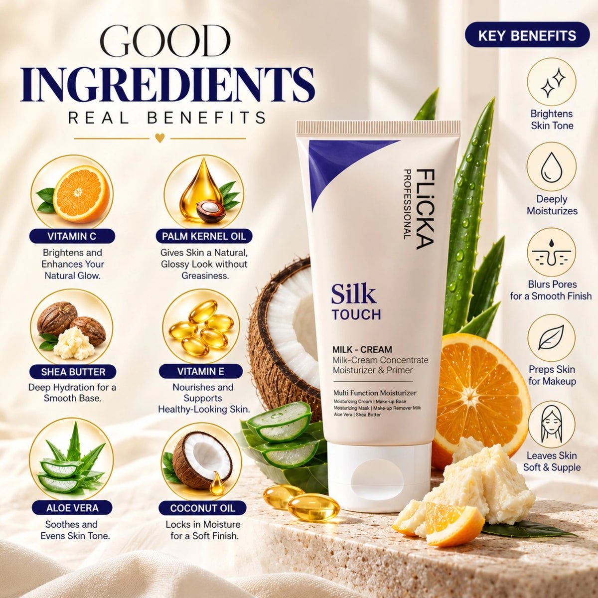 Flicka Silk Touch moisturizer and primer ingredients and key skincare benefits