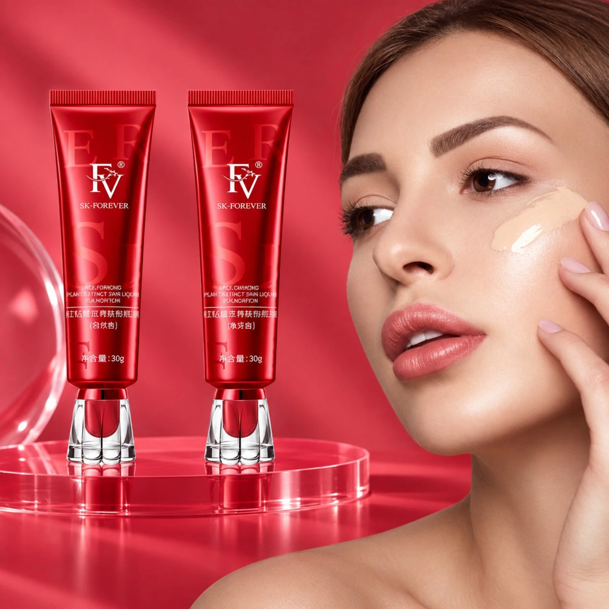 FV Liquid Foundation 30g model application with smooth ivory foundation finish