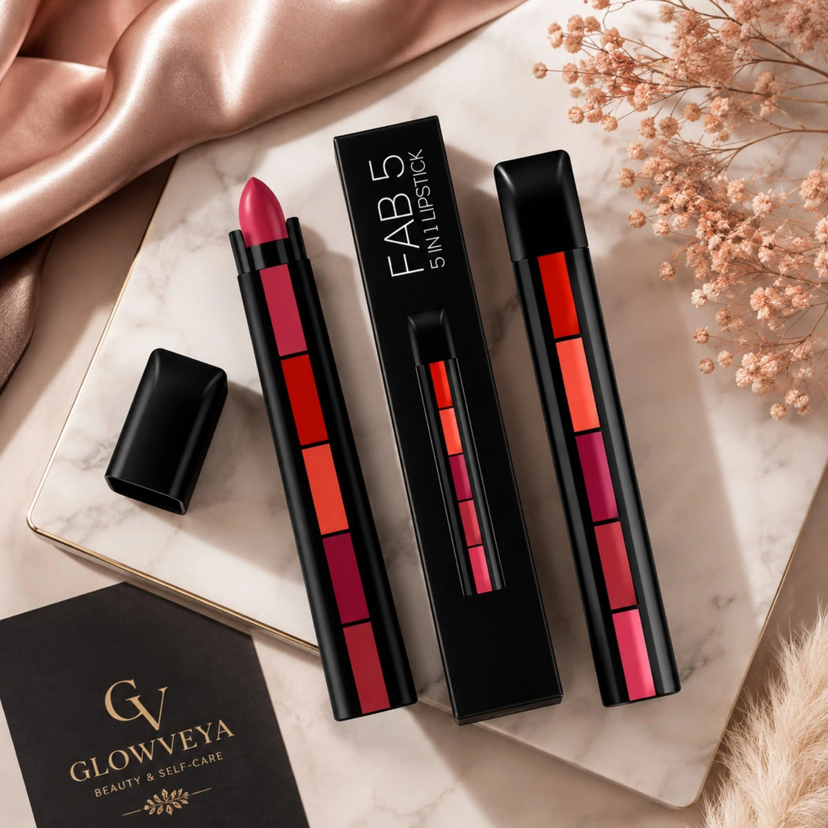 GlowVeya 5 in 1 lipstick luxury flat lay featuring five lipstick shades in a compact multi-shade stick