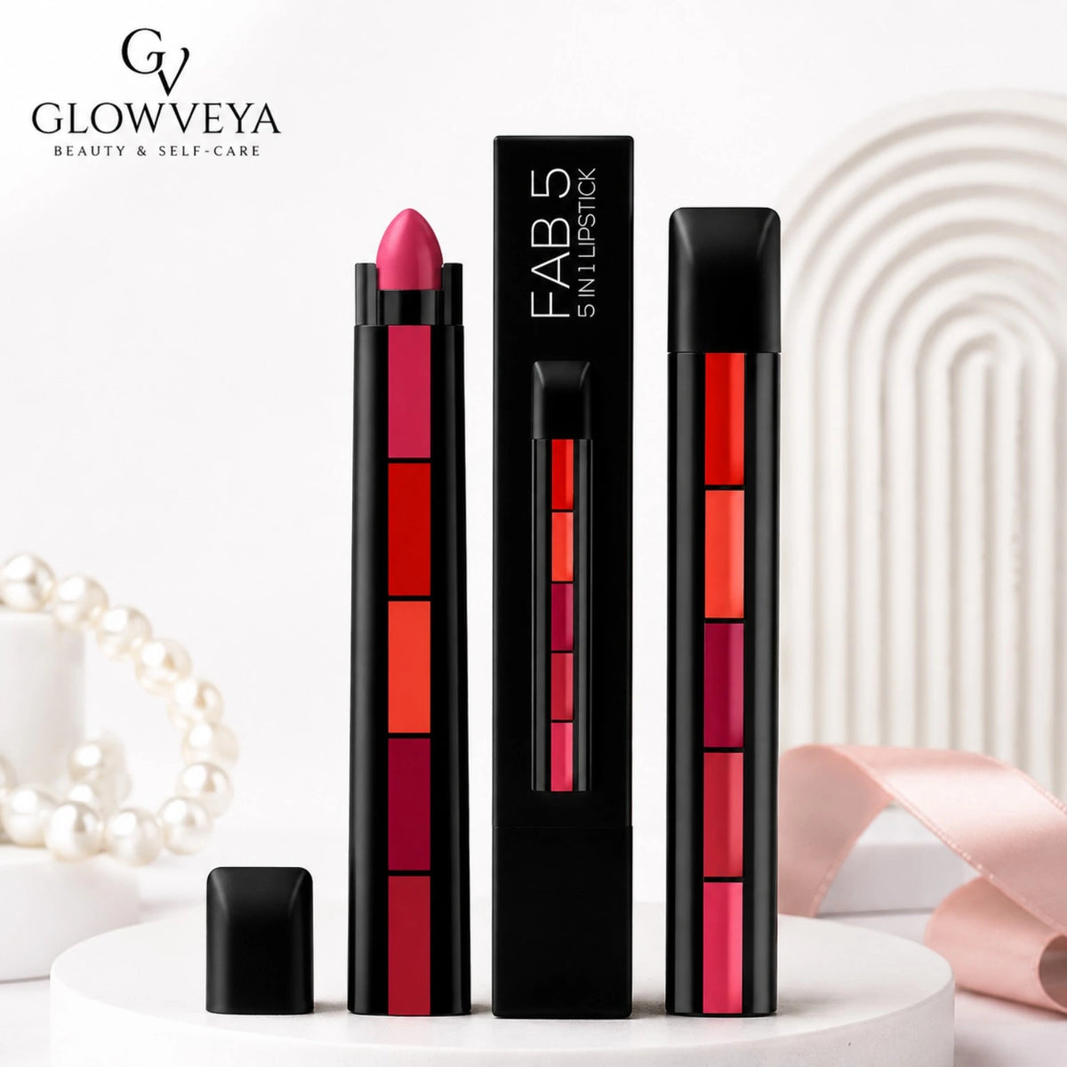 GlowVeya 5 in 1 Lipstick with five shades in premium black packaging