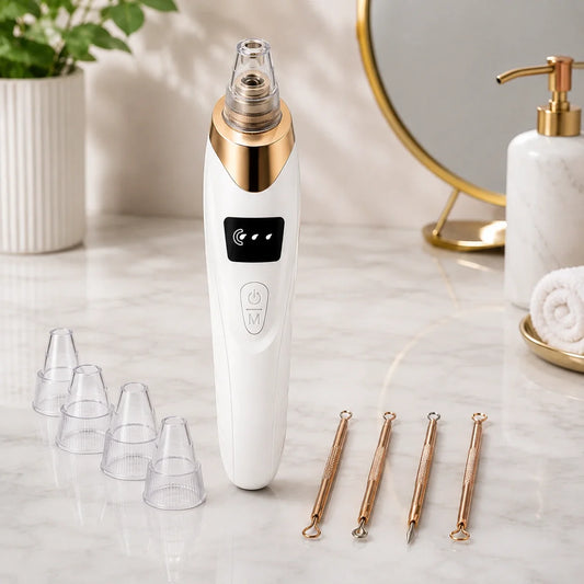 GlowVeya electric blackhead remover vacuum with suction heads and facial extraction tools on luxury vanity
