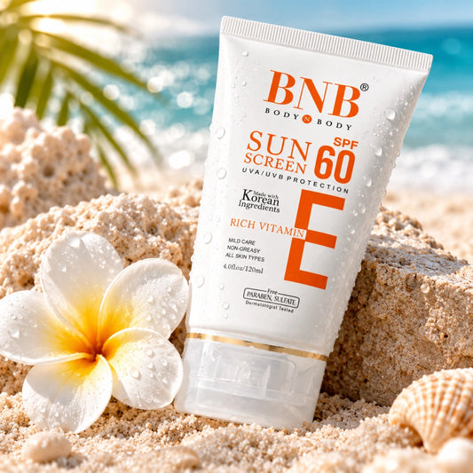 GlowVeya BNB Vitamin E Sunscreen SPF 60 with UVA and UVB protection in a premium beach setting