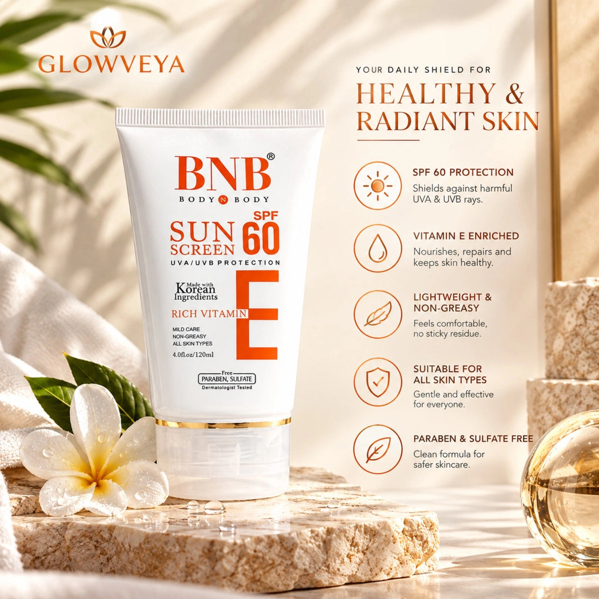 GlowVeya BNB Vitamin E Sunscreen SPF 60 benefits and broad spectrum UVA UVB protection