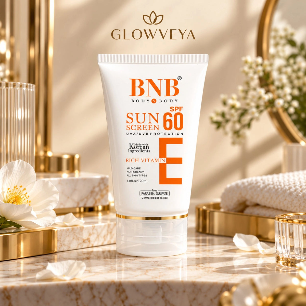 BNB Vitamin E Sunscreen SPF 60 premium skincare product with GlowVeya branding