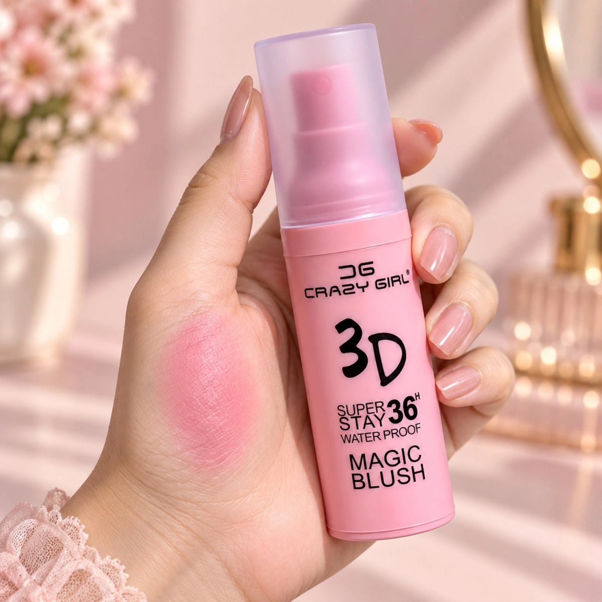Crazy Girl 36H Magic Waterproof Blush with hand swatch