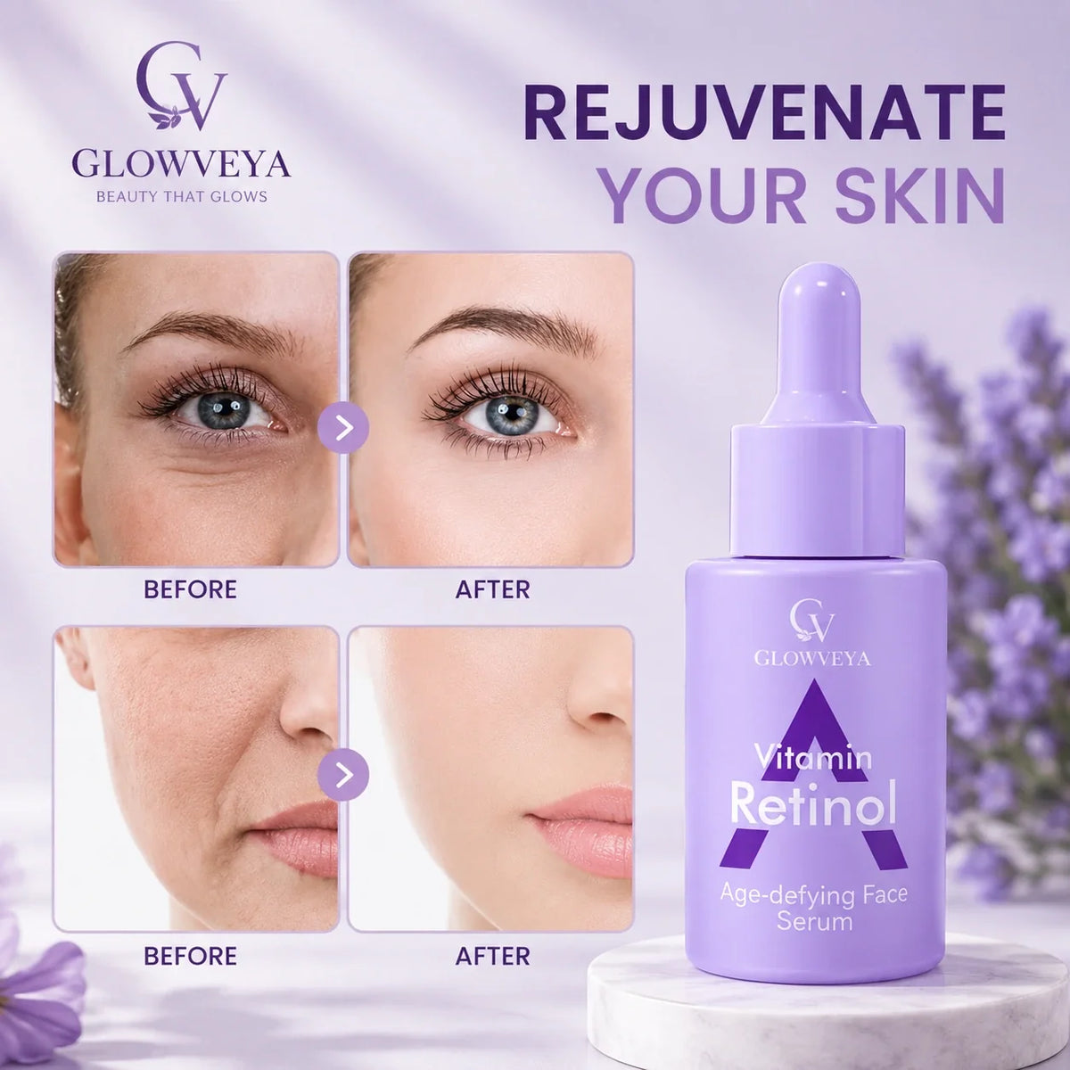 GlowVeya ESTELIN Vitamin Retinol serum before and after skincare presentation