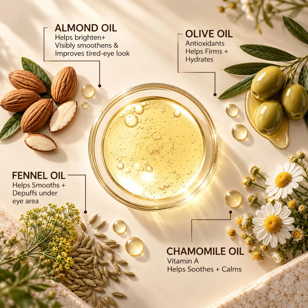 GlowVeya Eyelight under eye serum ingredients including almond oil olive oil fennel oil and chamomile oil