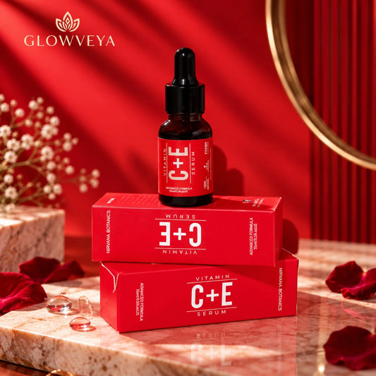 GlowVeya Vitamin C + E Serum luxury product shot with red packaging and premium skincare display.