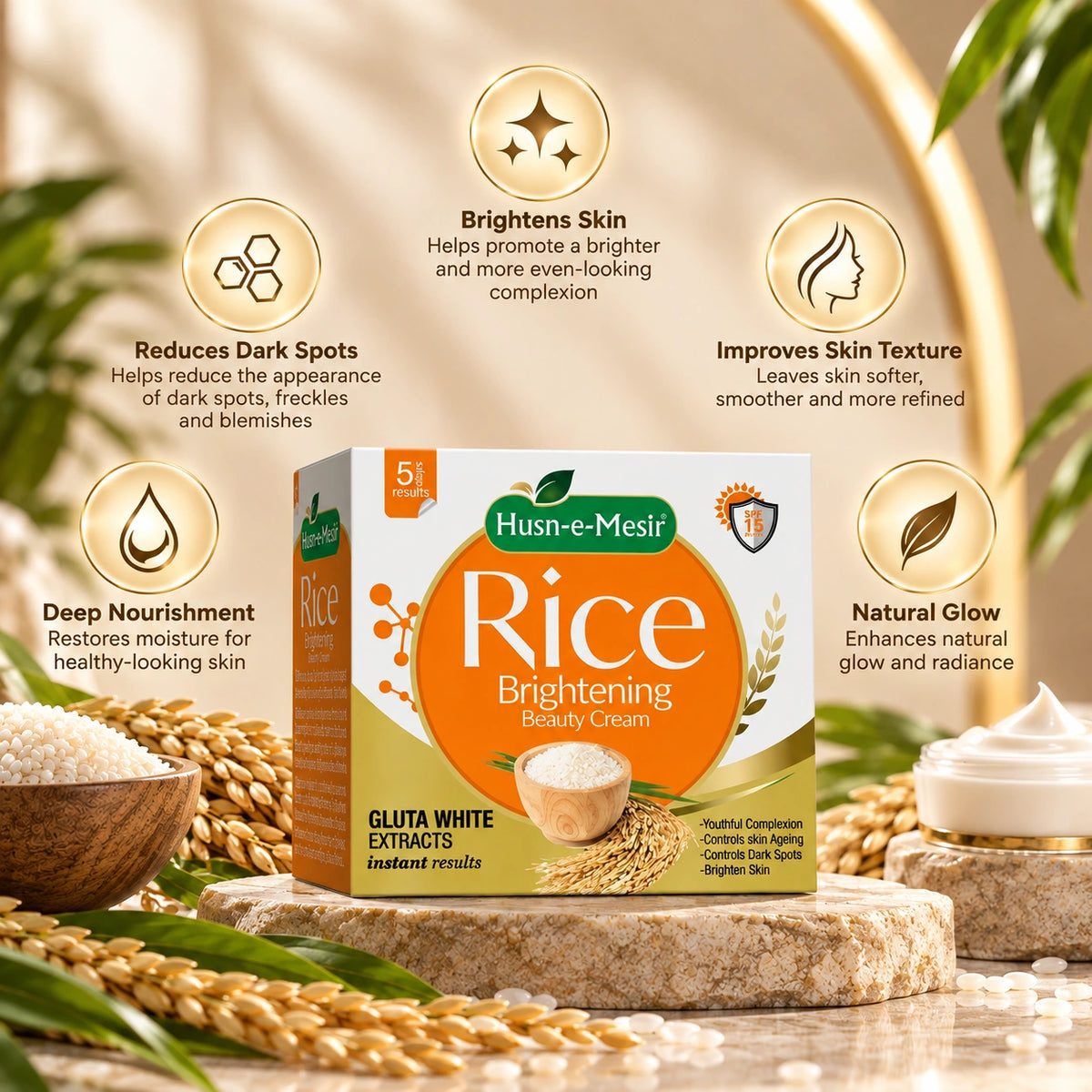 Husn-e-Mesir Rice Brightening Beauty Cream with rice extracts for brighter, smoother-looking skin