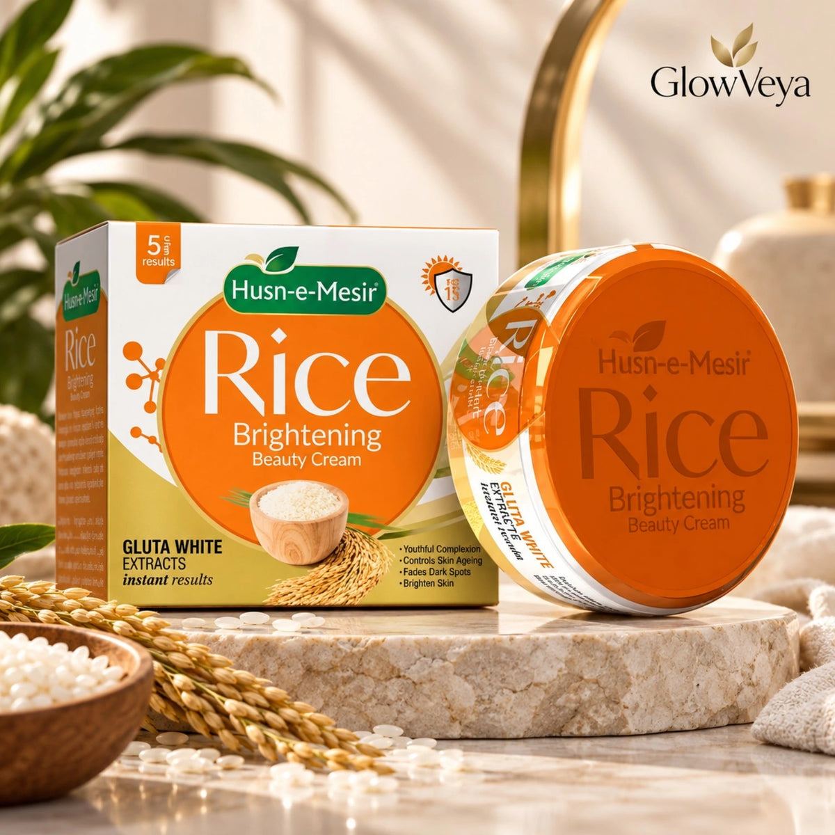 Husn-e-Mesir Rice Brightening Beauty Cream with rice extracts and premium skincare presentation
