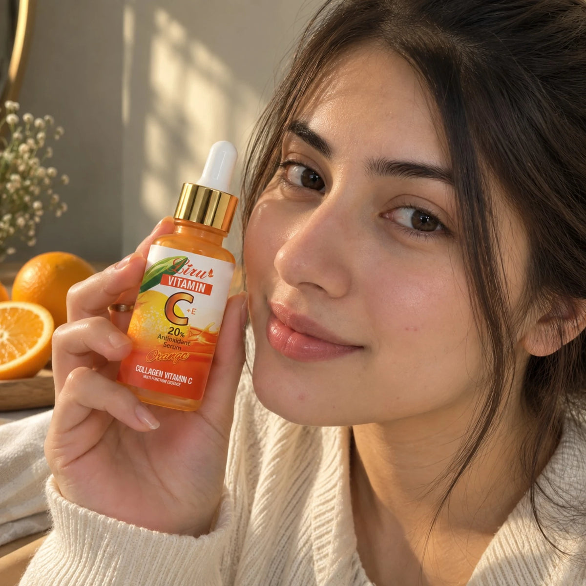Liru Collagen Vitamin C Serum Orange 30ml shown with a model for skincare use