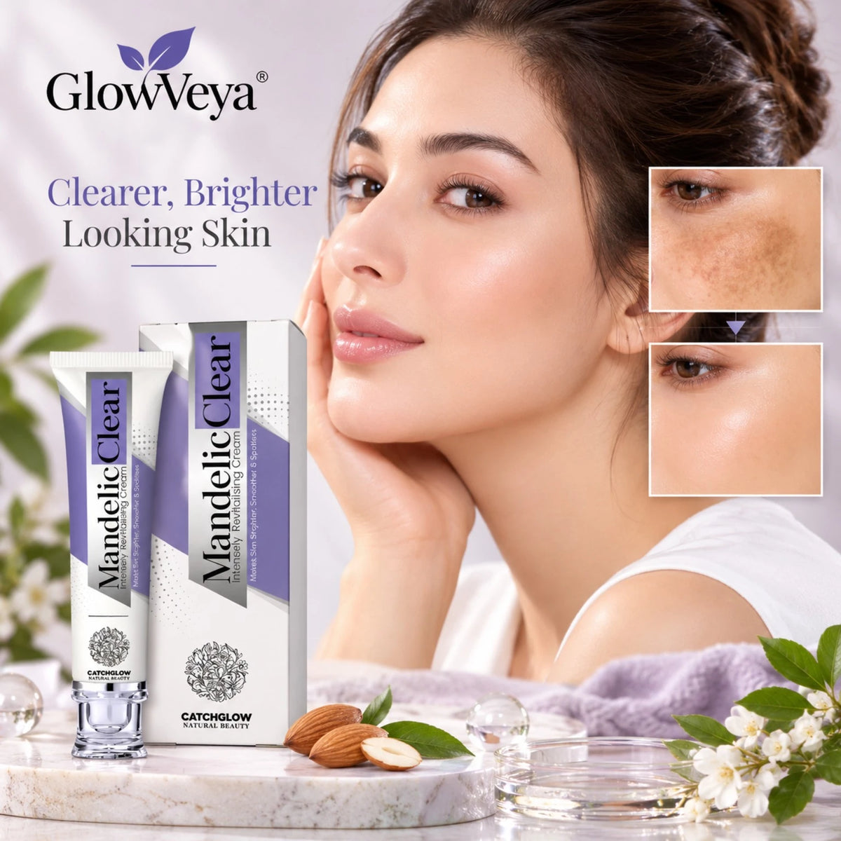 Mandelic Clear cream for brighter-looking skin and dark spot care with a skincare model