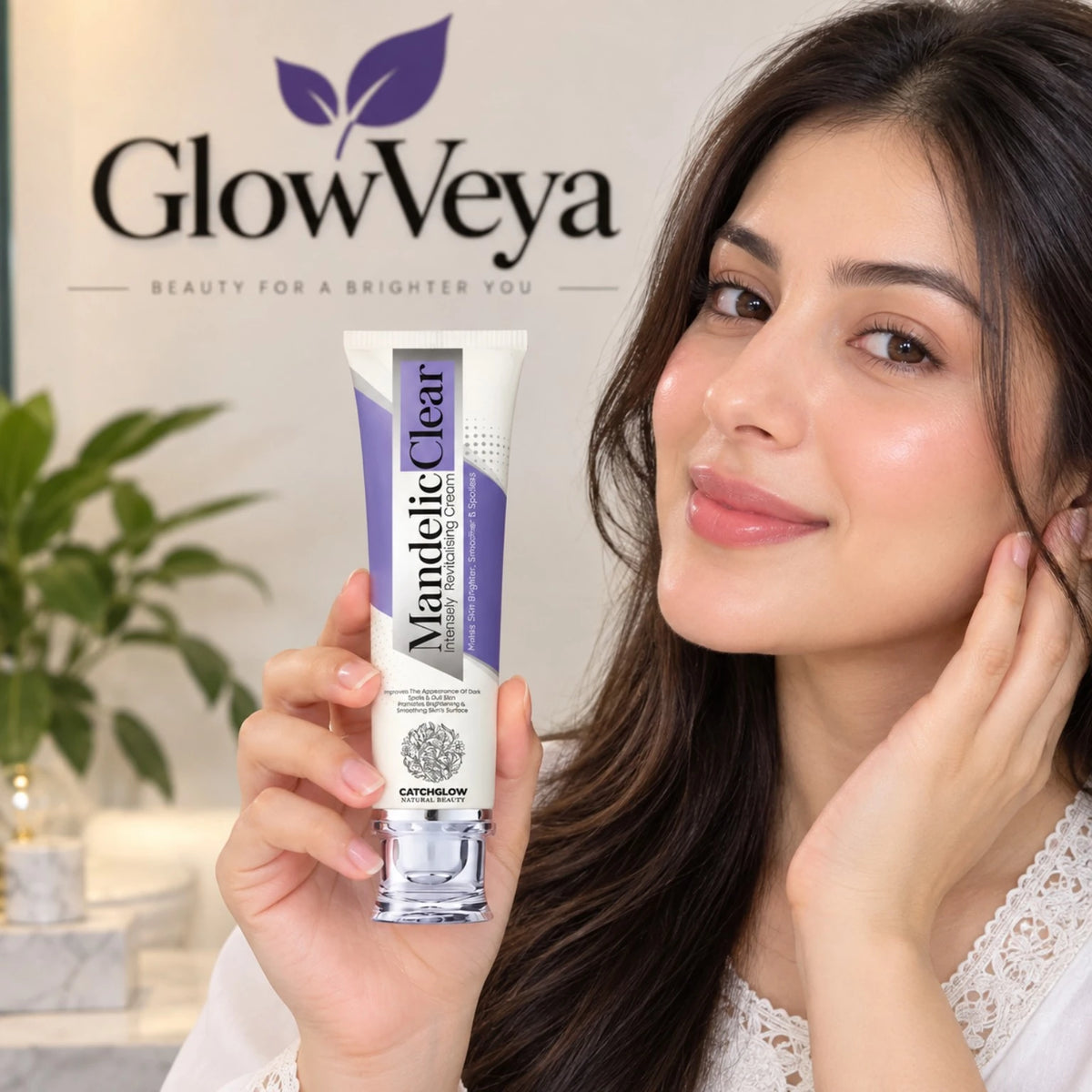 Mandelic Clear cream held by a woman for brightening and dark spot skincare