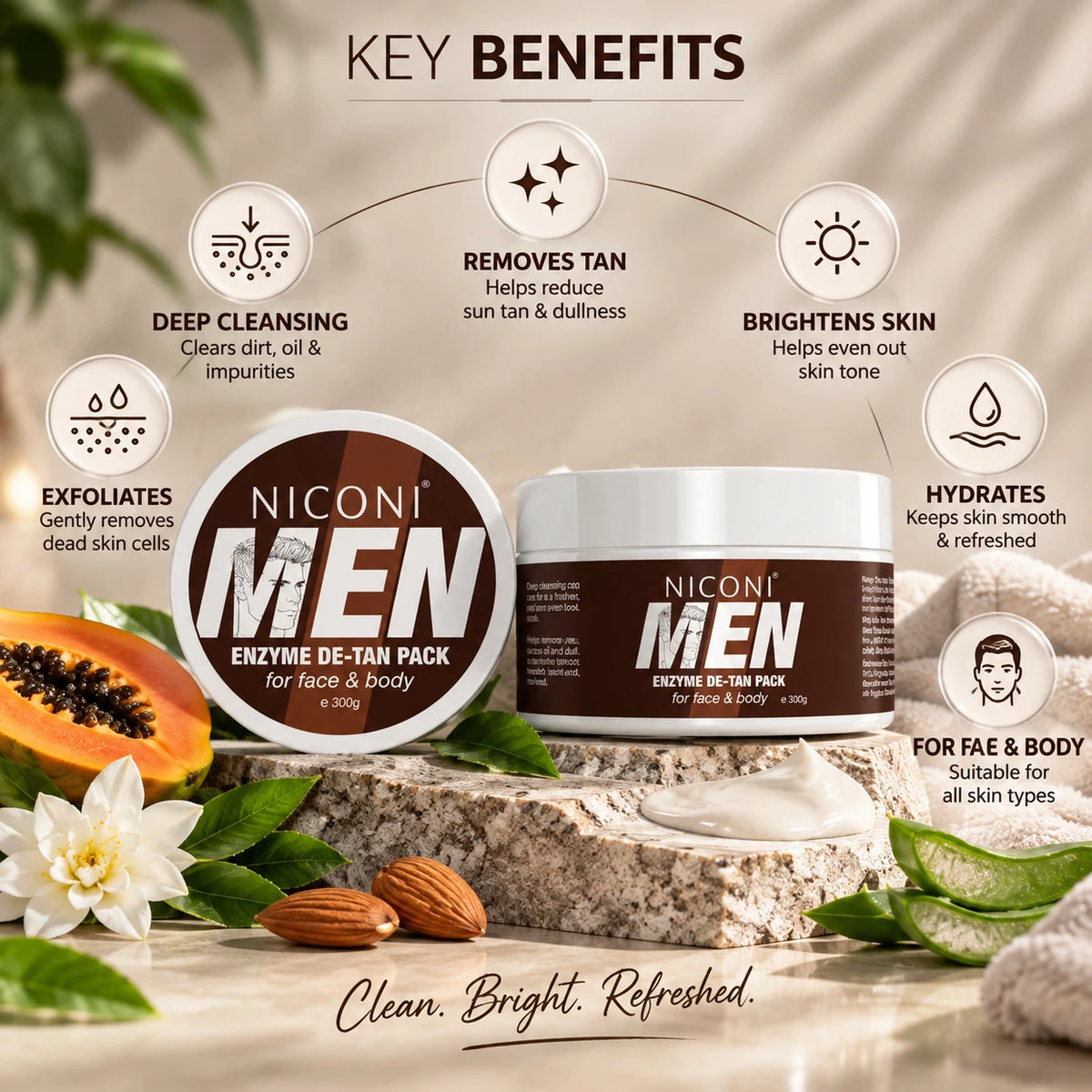 NICONI Men Enzyme De-Tan Pack 300g benefits for tan care cleansing exfoliation and hydration