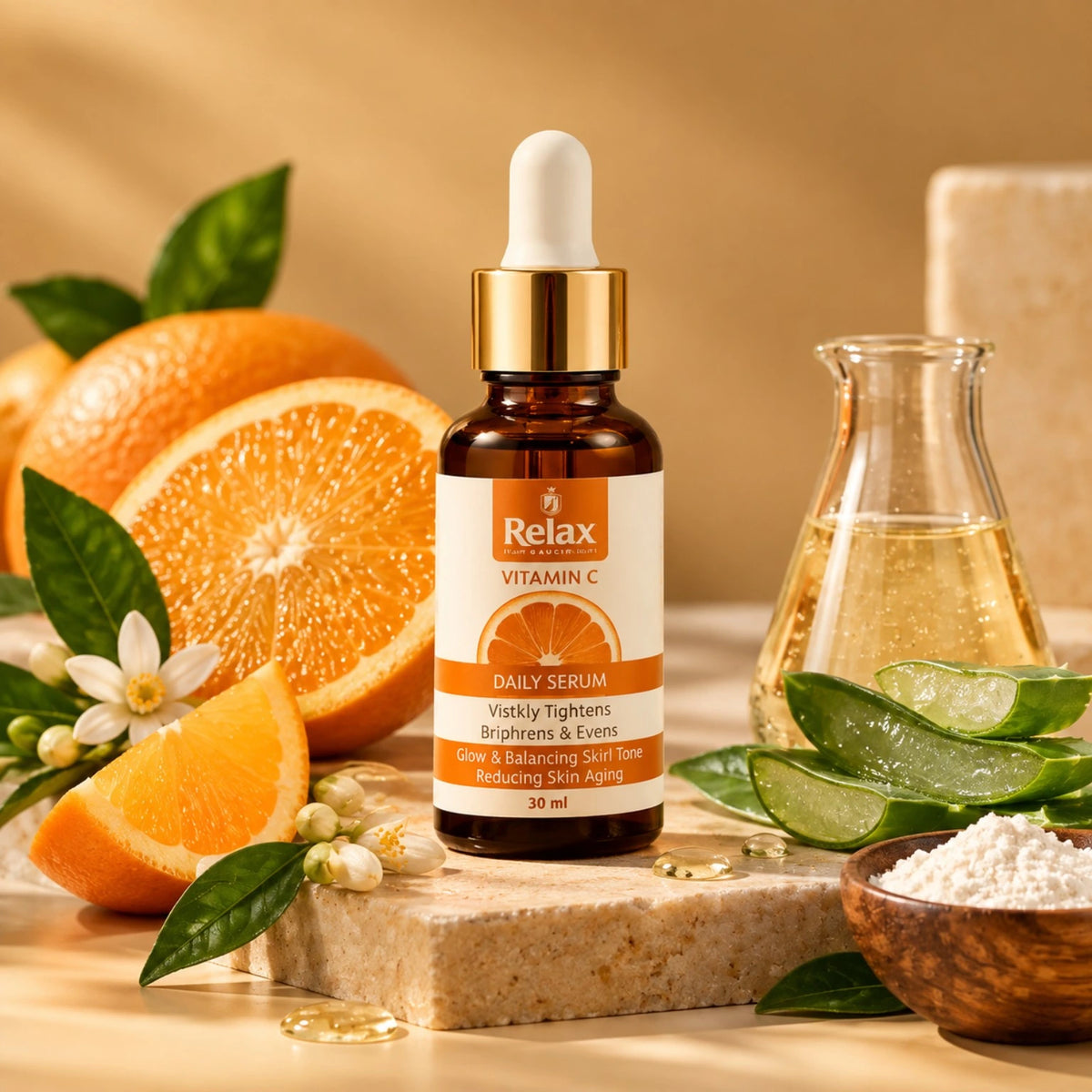 Relax Vitamin C Daily Serum with orange and aloe vera ingredients for bright, even-looking skin