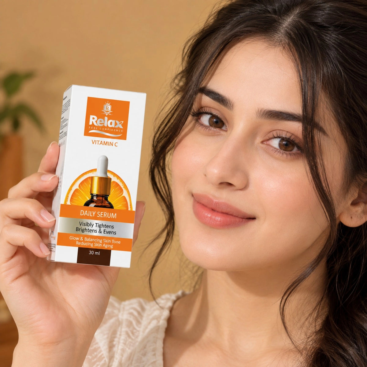 Relax Vitamin C Daily Serum 30ml held by a woman for bright, even-looking skin