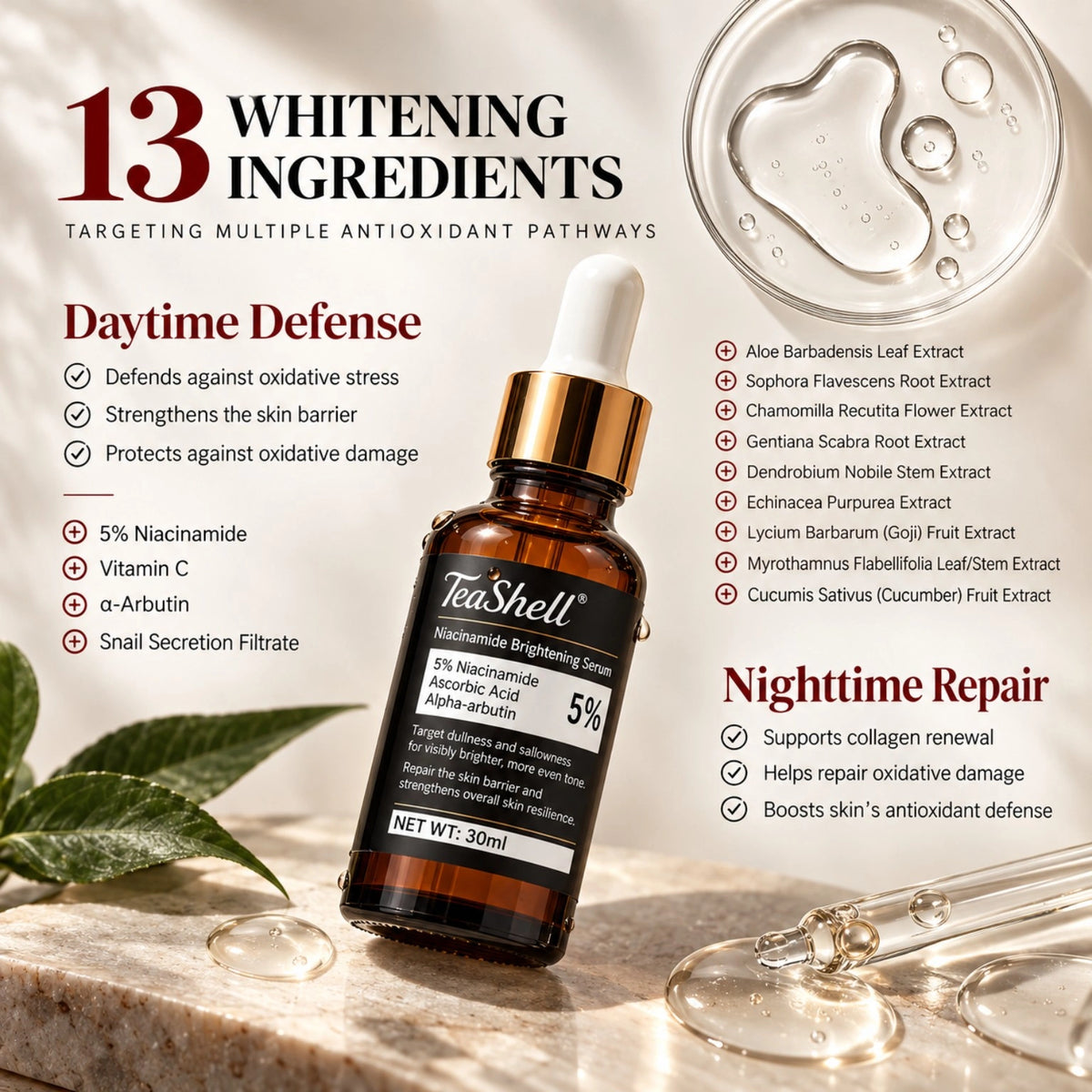 Teashell 5% Niacinamide Brightening Serum ingredients and daytime defense benefits