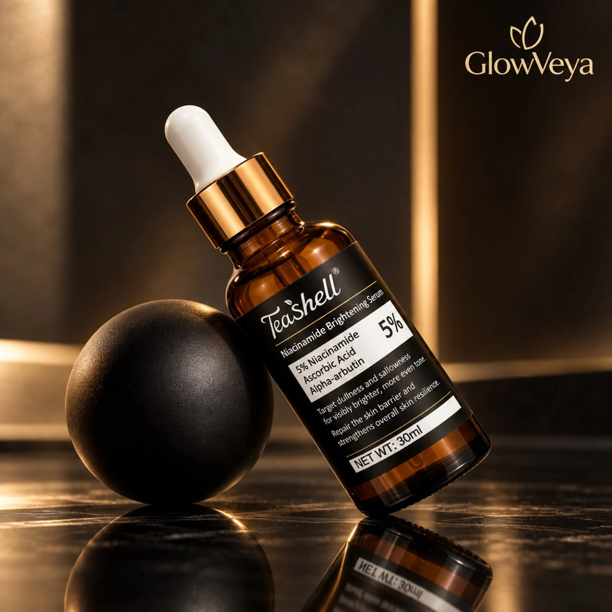 Teashell 5% niacinamide brightening serum luxury product shot with dropper bottle