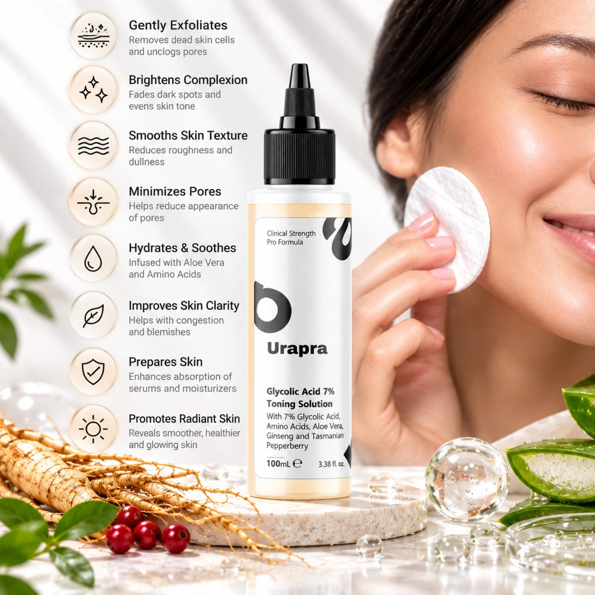 Urapra Glycolic Acid 7% Toner 100ml benefits for exfoliation, brighter-looking skin and smoother texture
