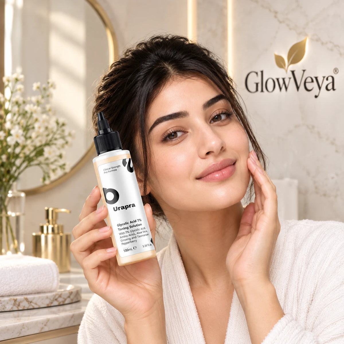 Urapra Glycolic Acid 7% Toner 100ml held by a woman in a premium skincare setting