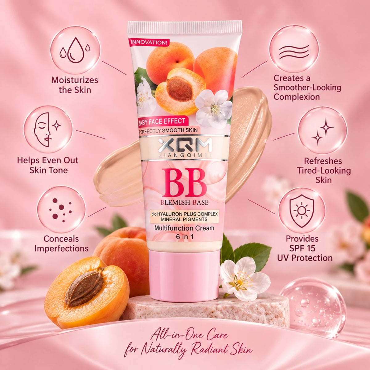 XQM BB Blemish Apricot Base Cream 65ml benefits including hydration, even-looking tone and SPF 15